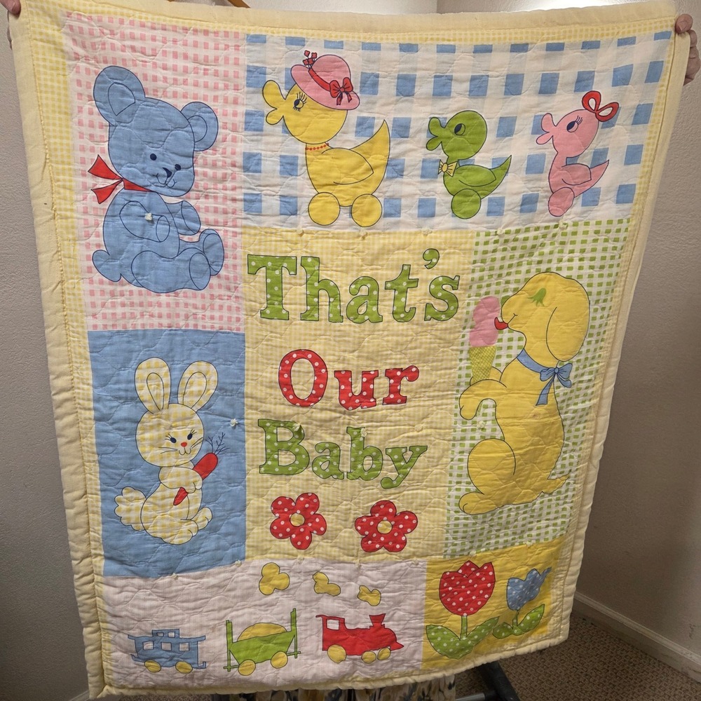 Vintage Thats Our Baby Quilt Blanket Animals Gingham Yellow Blue 34x40 Nursery